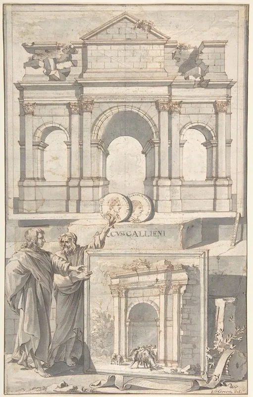 A Reconstruction Of The Arch Of Gallienus Above And A View Of The Ruins Below Wall Art by Jan Goeree - High-Resolution Digital Print