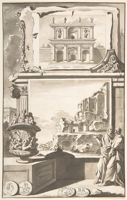 A Reconstruction Of The Castellum Aquiae Martiae Above And A View Of The Ruins Below Wall Art by Jan Goeree - High-Resolution Digital Print
