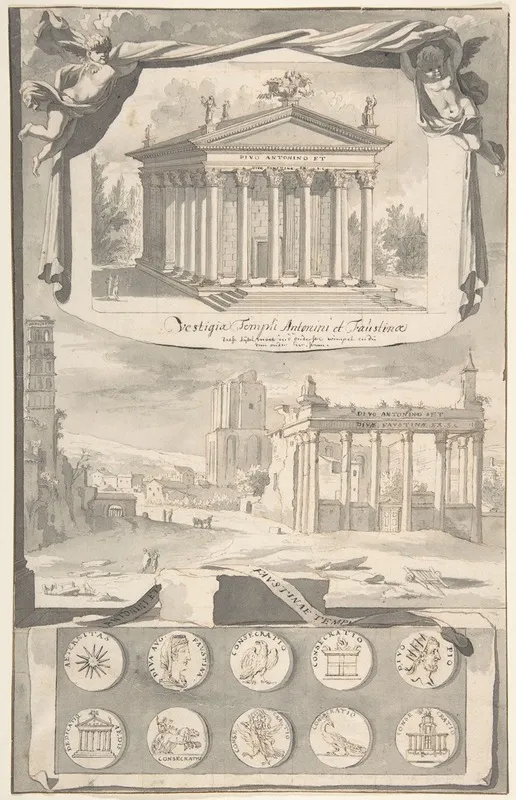 A Reconstruction Of The Temple Of Antonious And Faustina Above And A View Of The Ruins Below Wall Art by Jan Goeree - High-Resolution Digital Print