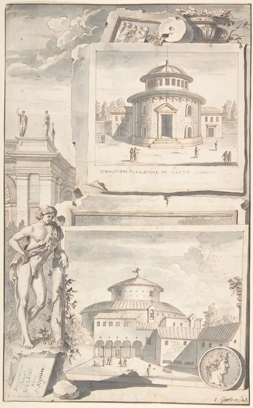 A Reconstruction Of The Temple Of Divus Claudius In Monte Coelio Above And A View Of The Ruins Below Wall Art by Jan Goeree - High-Resolution Digital Print