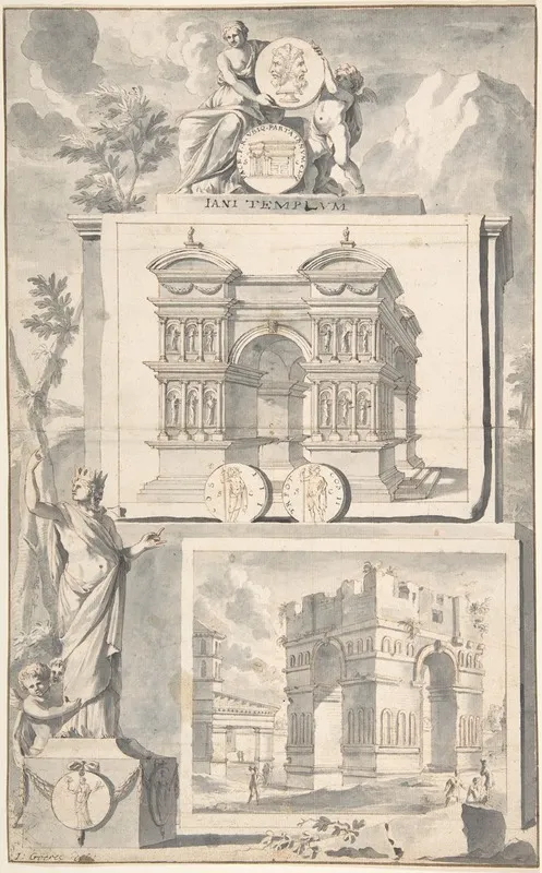 A Reconstruction Of The Temple Of Janus Above And A View Of The Ruins Below Wall Art by Jan Goeree - High-Resolution Digital Print