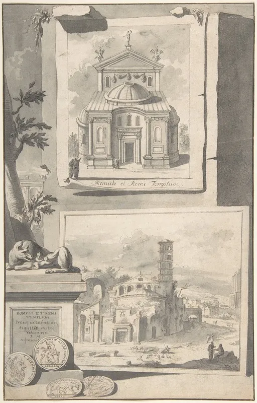 A Reconstruction Of The Temple Of Romulus And Remus Above And A View Of The Ruins Below Wall Art by Jan Goeree - High-Resolution Digital Print