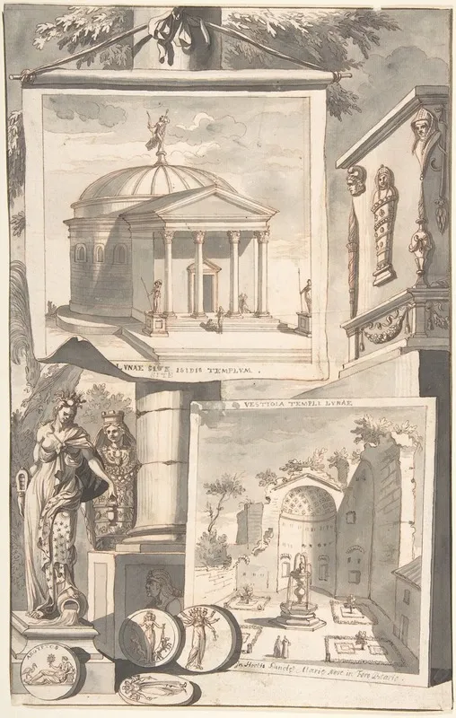 A Reconstruction Of The Templum Isis Above And A View Of The Ruins Below Wall Art by Jan Goeree - High-Resolution Digital Print