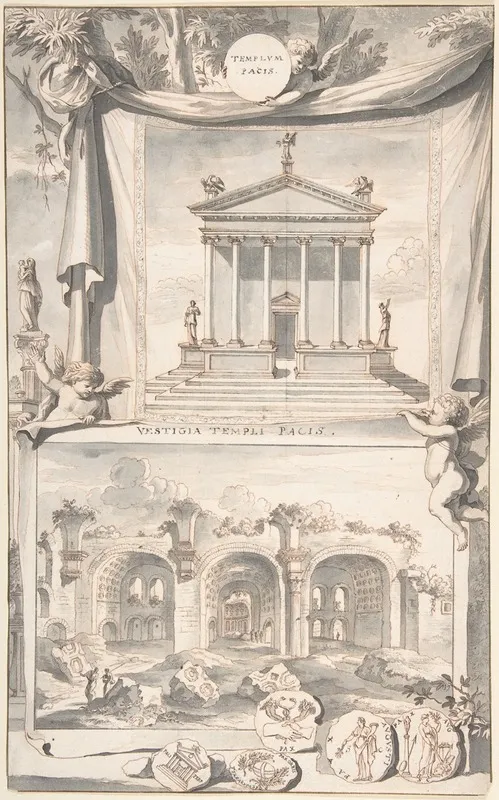 A Reconstruction Of The Templum Pacis Above And A View Of The Ruins Below Wall Art by Jan Goeree - High-Resolution Digital Print