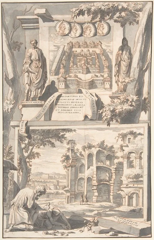 A Reconstruction Of The Thermae Of Diocletian Above And A View Of The Ruins Below Wall Art by Jan Goeree - High-Resolution Digital Print