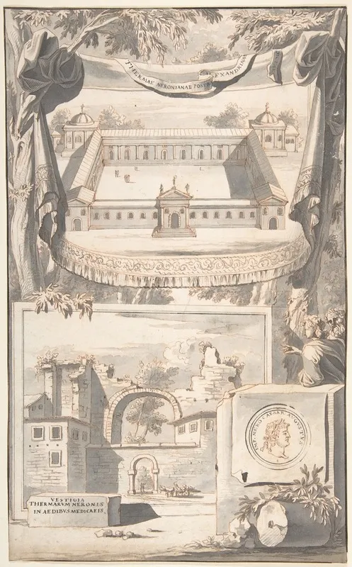 A Reconstruction Of The Thermae Of Nero Above And A View Of The Ruins Below Wall Art by Jan Goeree - High-Resolution Digital Print