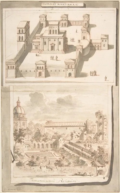 A Reconstruction Of The Thermae Of Novitian Above And A View Of The Ruins Below Wall Art by Jan Goeree - High-Resolution Digital Print