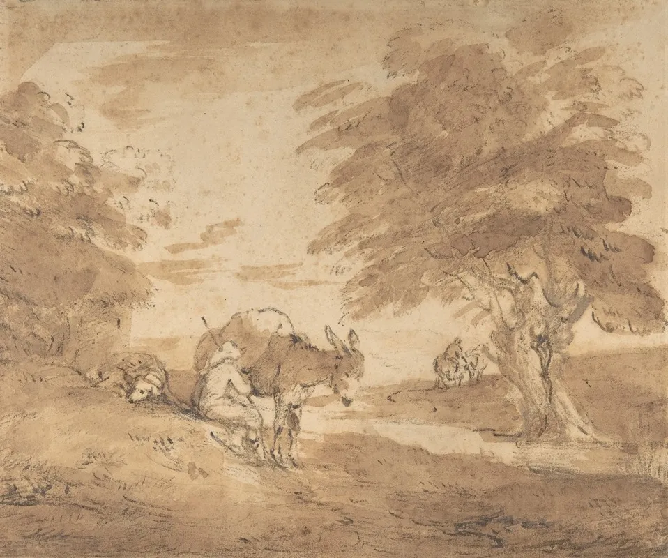A Rest By The Way Open Landscape With Figures Donkey And Horses Wall Art by Thomas Gainsborough - High-Resolution Digital Print