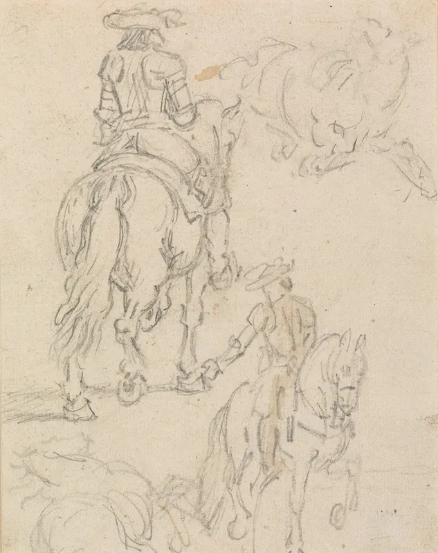 A Rider In Armor And Two Horses Lying Down