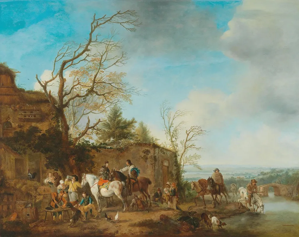 A Riding Party Taking Refreshments In A River Landscape Wall Art by Carel van Falens - High-Resolution Digital Print