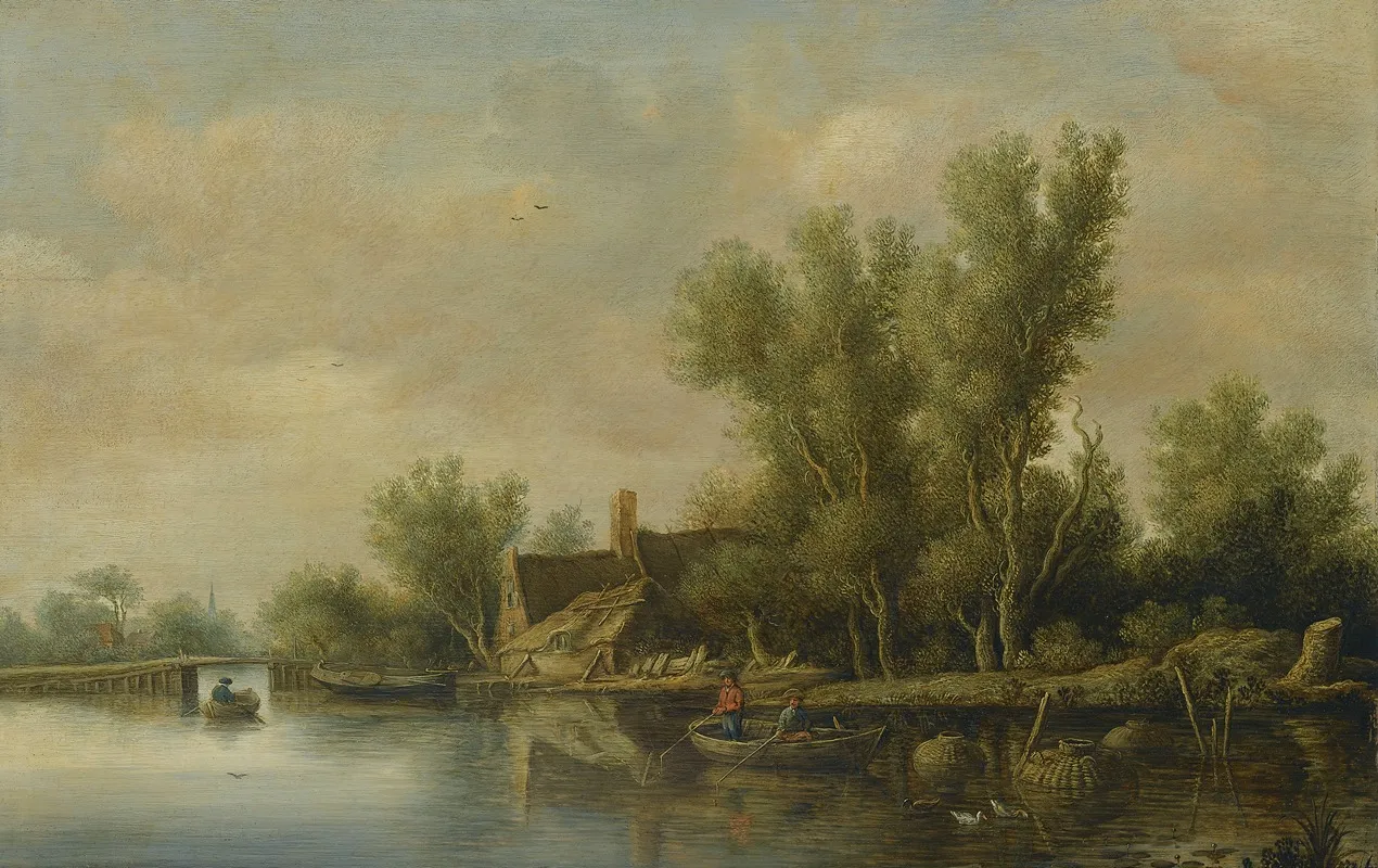 A River Estuary With Two Peasants Fishing In A Rowing Boat Near A Farmhouse Wall Art by Pieter de Neyn - High-Resolution Digital Print
