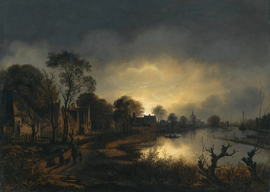 A River Landscape At Dusk With And Figures Walking Along A Path Towards A Village To The Left A Church In The Distance