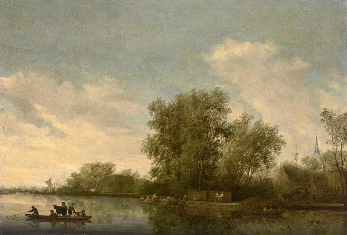 A River Landscape With A Ferry And Fishermen Wall Art by Salomon Van Ruysdae - High-Resolution Digital Print