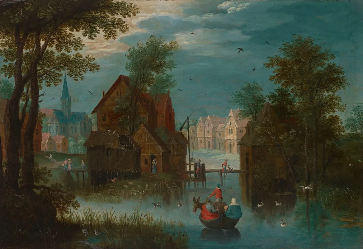 A River Landscape With A Ferry Boat A Church In The Distance Wall Art by Marten Ryckaert - High-Resolution Digital Print