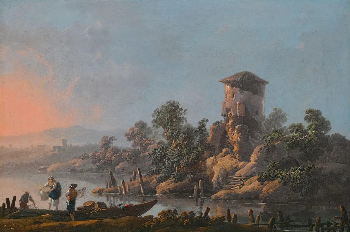 A River Landscape With A Ruined Tower And Fishermen With Their Nets In The Foreground