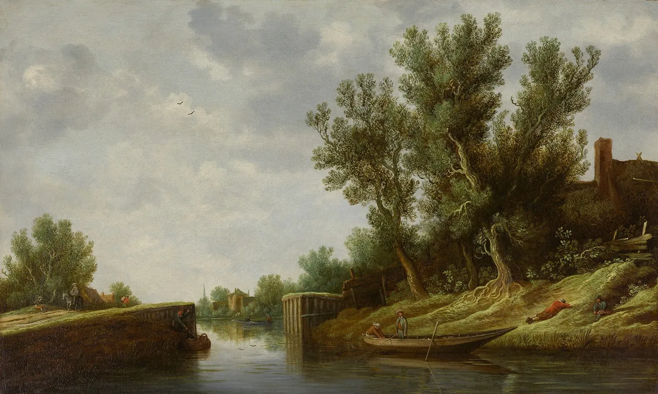 A River Landscape With A Sluice Gate And Boats Wall Art by Pieter de Neyn - High-Resolution Digital Print