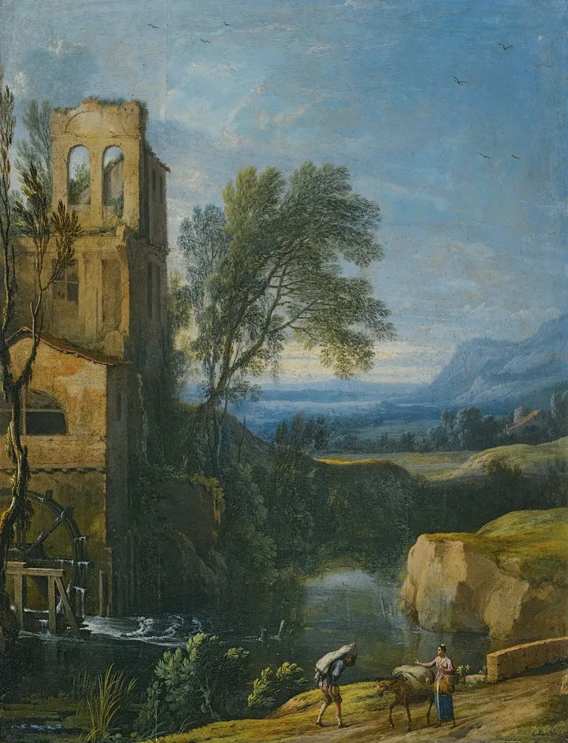 A River Landscape With A Watermill To The Left And Figures With A Donkey In The Foreground Wall Art by Pierre Antoine Patel the younger - High-Resolution Digital Print