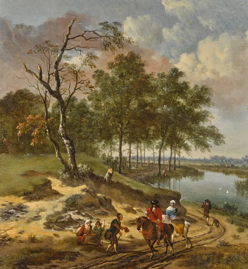 A River Landscape With Elegant Travelers And A Beggar In A Dune Landscape