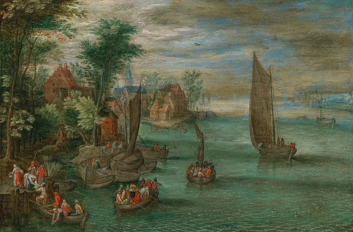 A River Landscape With Ferries And Sailing Boats Wall Art by Jan Brueghel the Younger - High-Resolution Digital Print