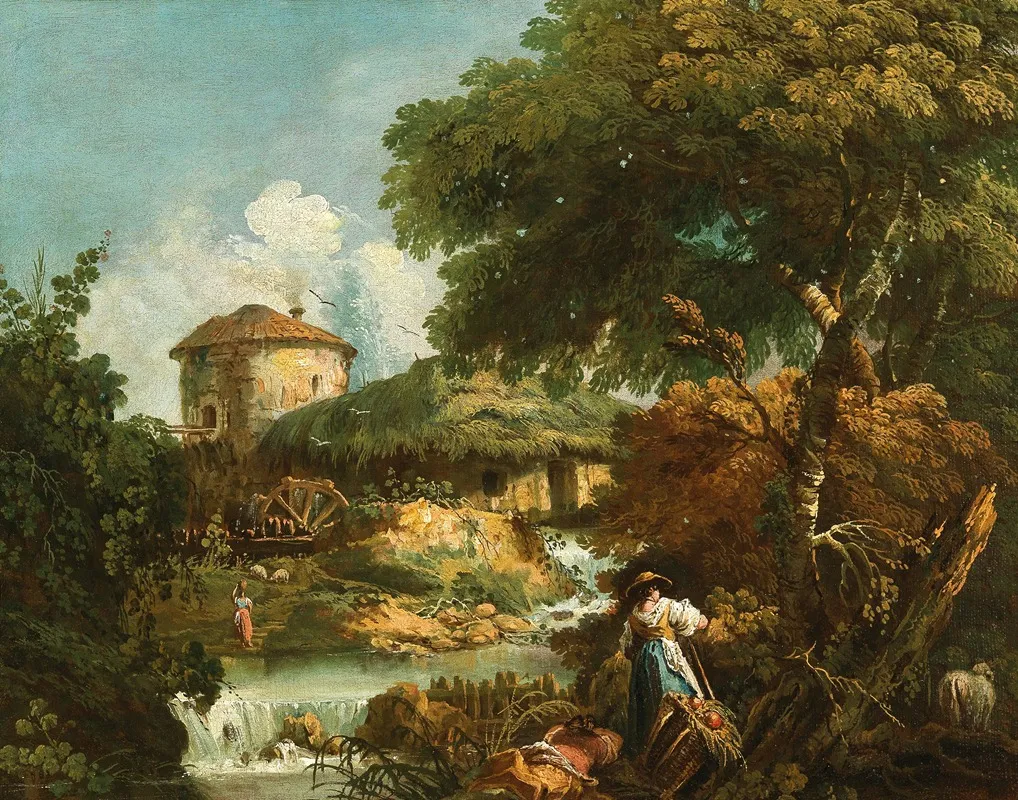 A River Landscape With Figures A Watermill Beyond Wall Art by Antonio Diziani - High-Resolution Digital Print