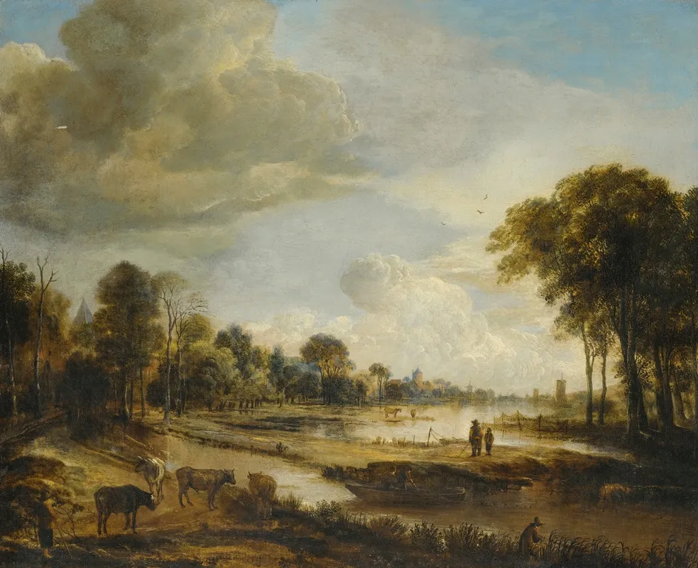 A River Landscape With Figures And Cattle
