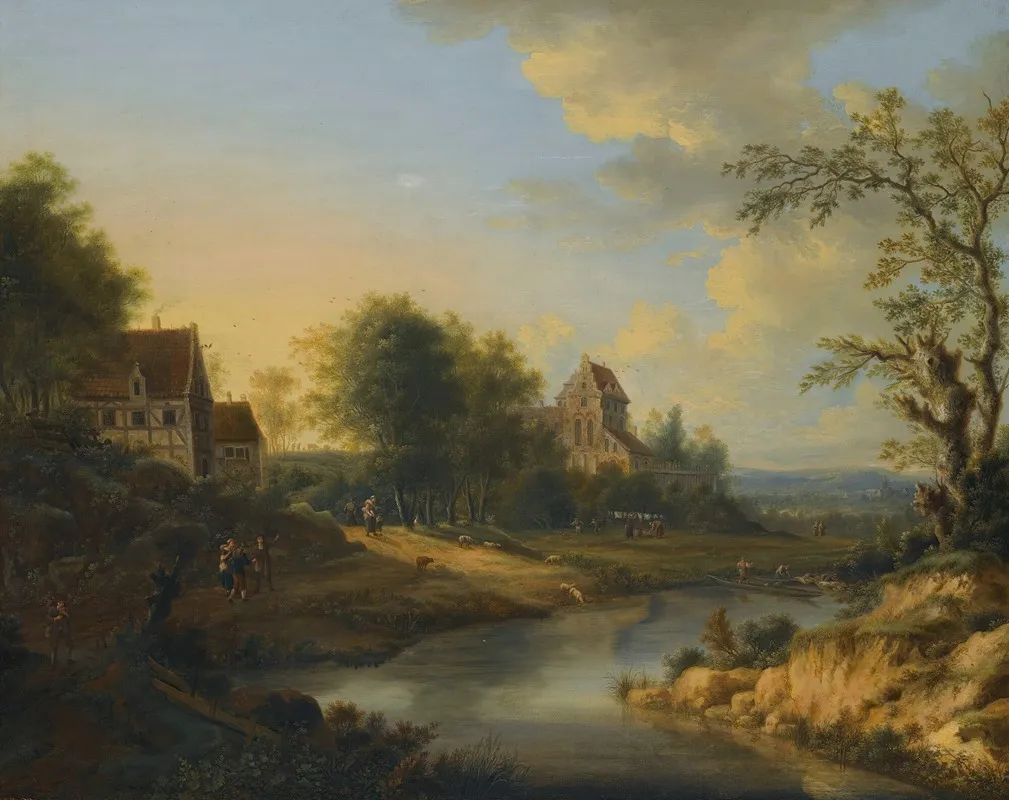 A River Landscape With Figures On The Bank And Sheep Grazing Wall Art by Johann Christian Vollerdt - High-Resolution Digital Print