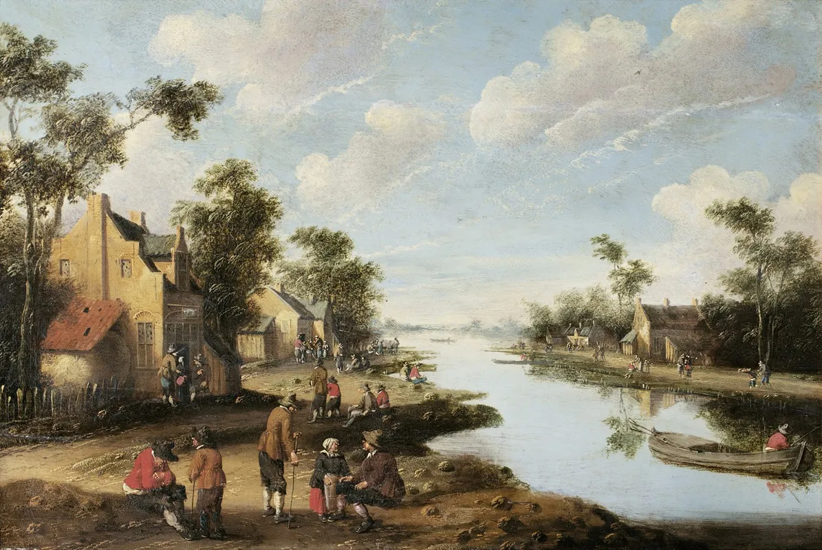 A River Landscape With Figures Resting Near An Inn Wall Art by Joost Cornelisz Droochsloot - High-Resolution Digital Print