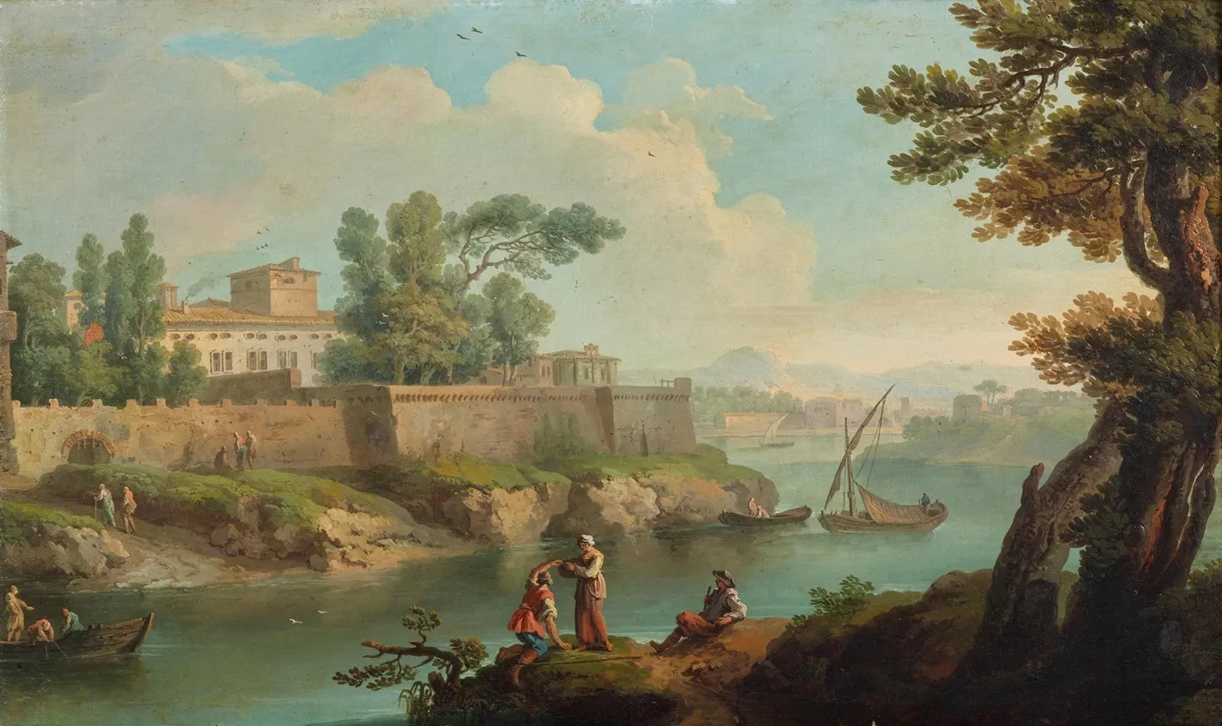 A River Landscape With Fishermen And Travellers At Rest By A Fortified Village Wall Art by Paolo Anesi - High-Resolution Digital Print