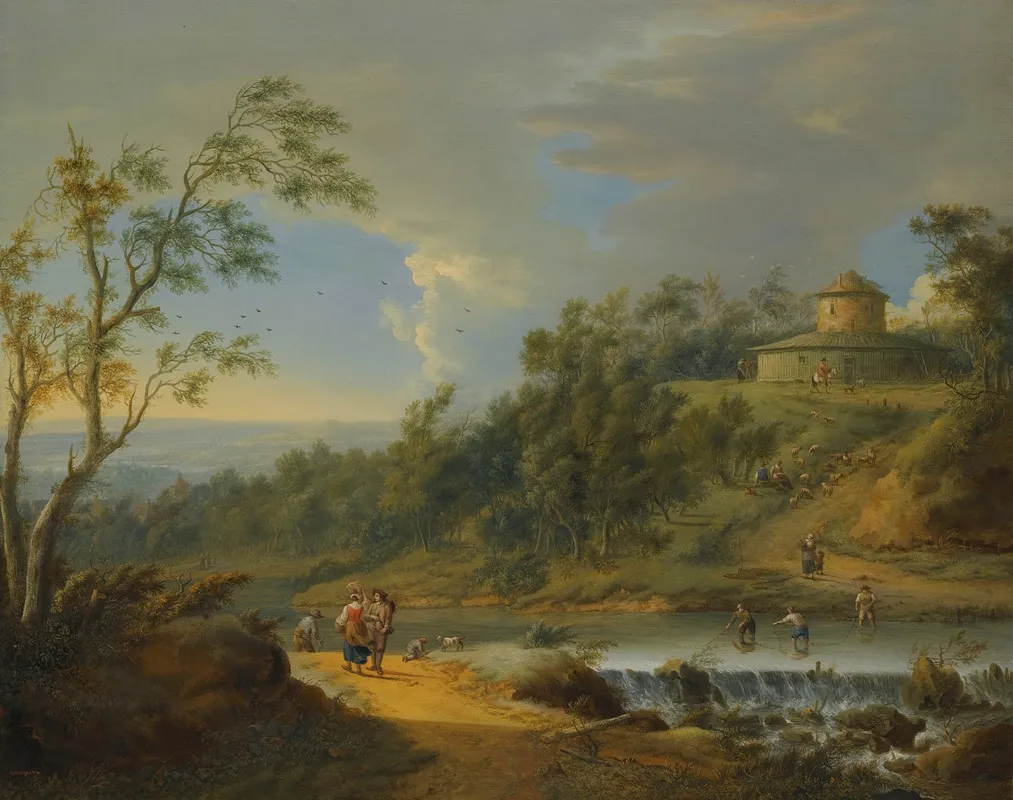 A River Landscape With Fishermen Dredging A Weir Wall Art by Johann Christian Vollerdt - High-Resolution Digital Print