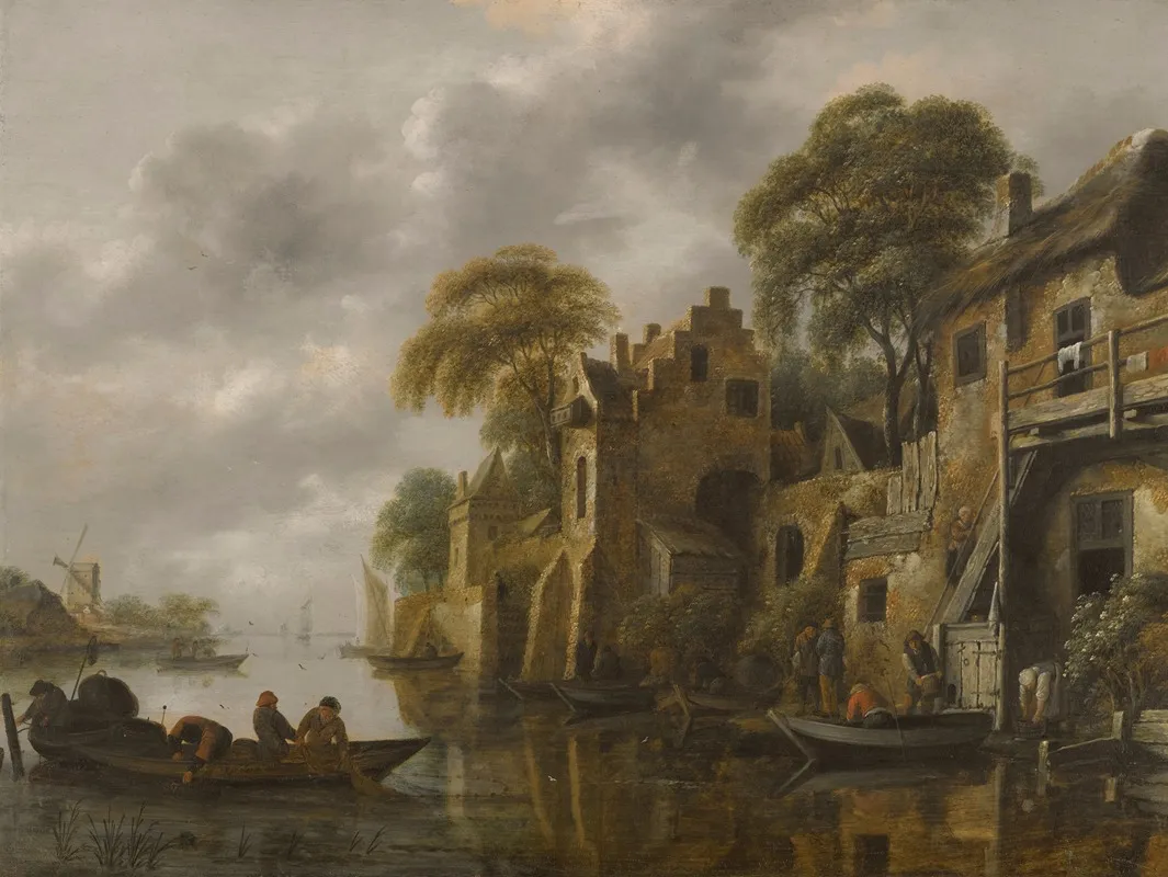 A River Landscape With Fishermen Loading Their Nets Beside A Town