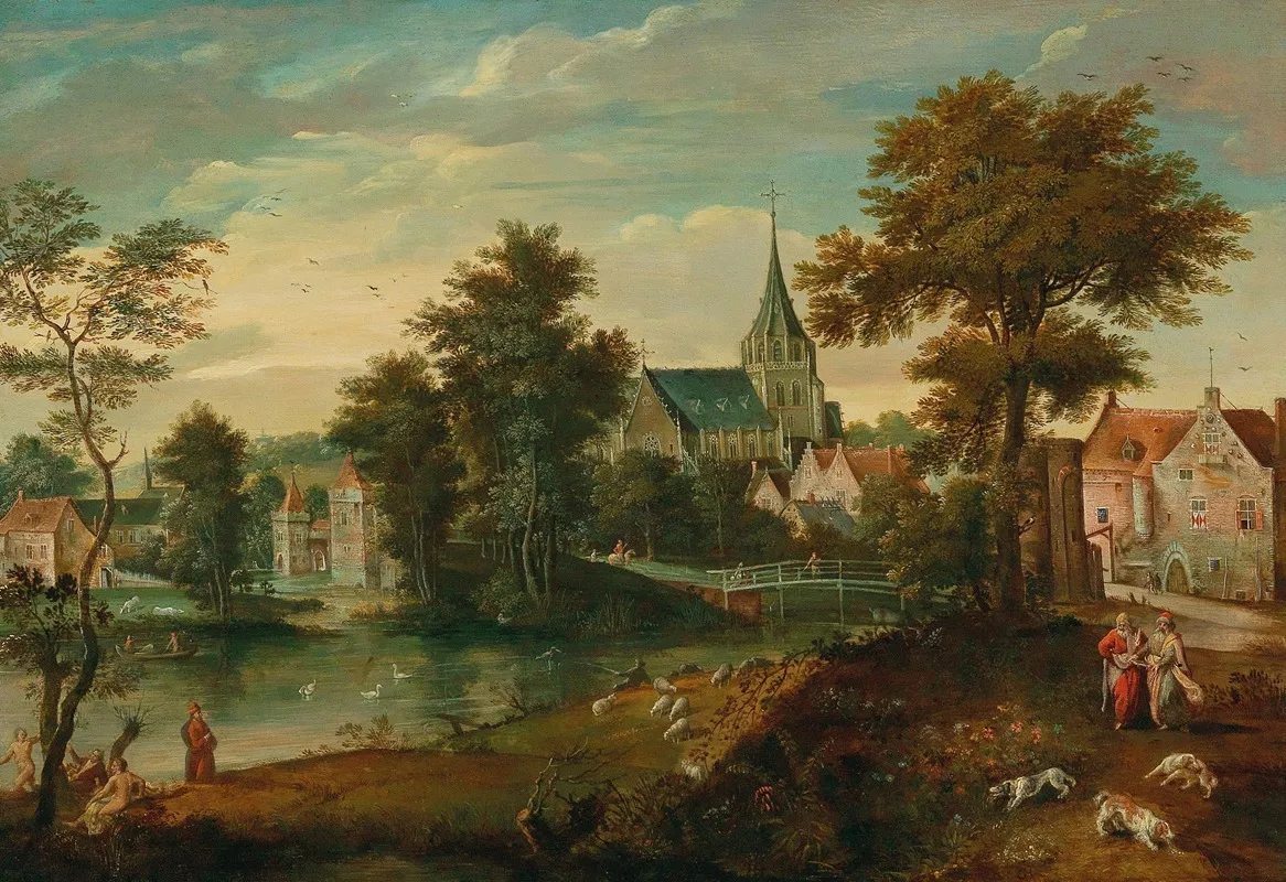 A River Landscape With Two Patriarchs Near A Town Wall Art by Cornelis Molenaer - High-Resolution Digital Print