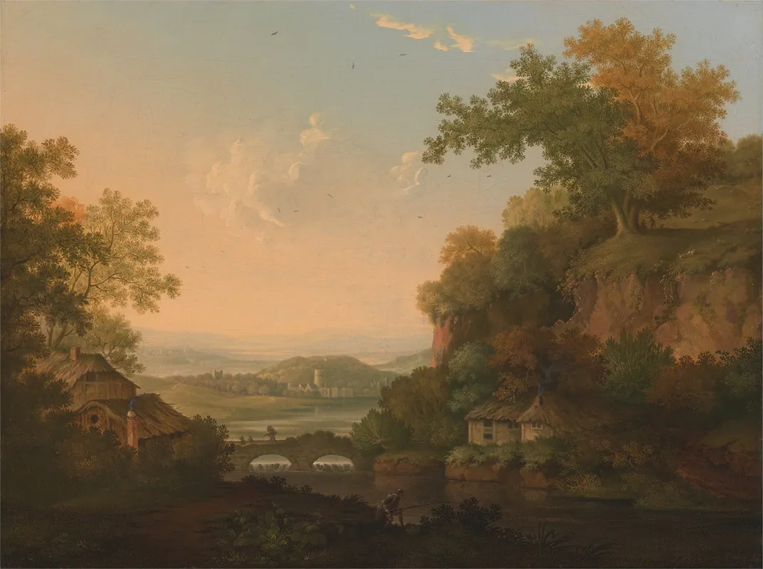 A River Scene With Thatched Huts By A Bridge Over A Weir
