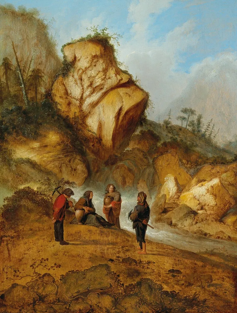 A Rocky Landscape With Miners At A Waterfall Wall Art by Jacobus Sibrandi Mancadan - High-Resolution Digital Print