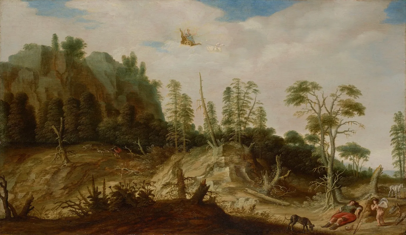 A Rocky Landscape With Venus And Adonis Wall Art by Joachim Govertsz Camphuysen - High-Resolution Digital Print