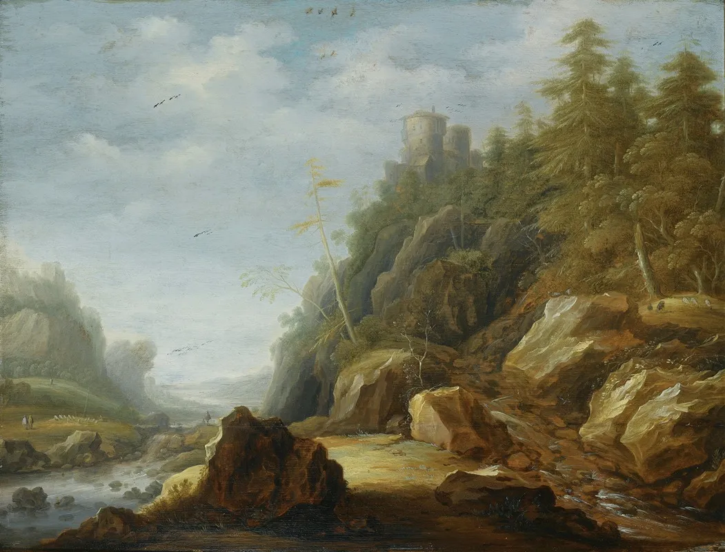 A Rocky Mountain Landscape With A Stronghold On A Hill Top Shepherds With Their Flock Beyond Wall Art by Joachim Govertsz Camphuysen - High-Resolution Digital Print