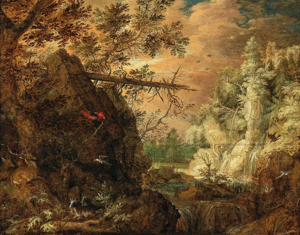 A Rocky Wooded Landscape With A Waterfall