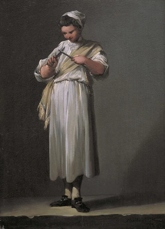 A Roman Cooks Boy Sharpening A Knife Wall Art by Jean Barbault - High-Resolution Digital Print