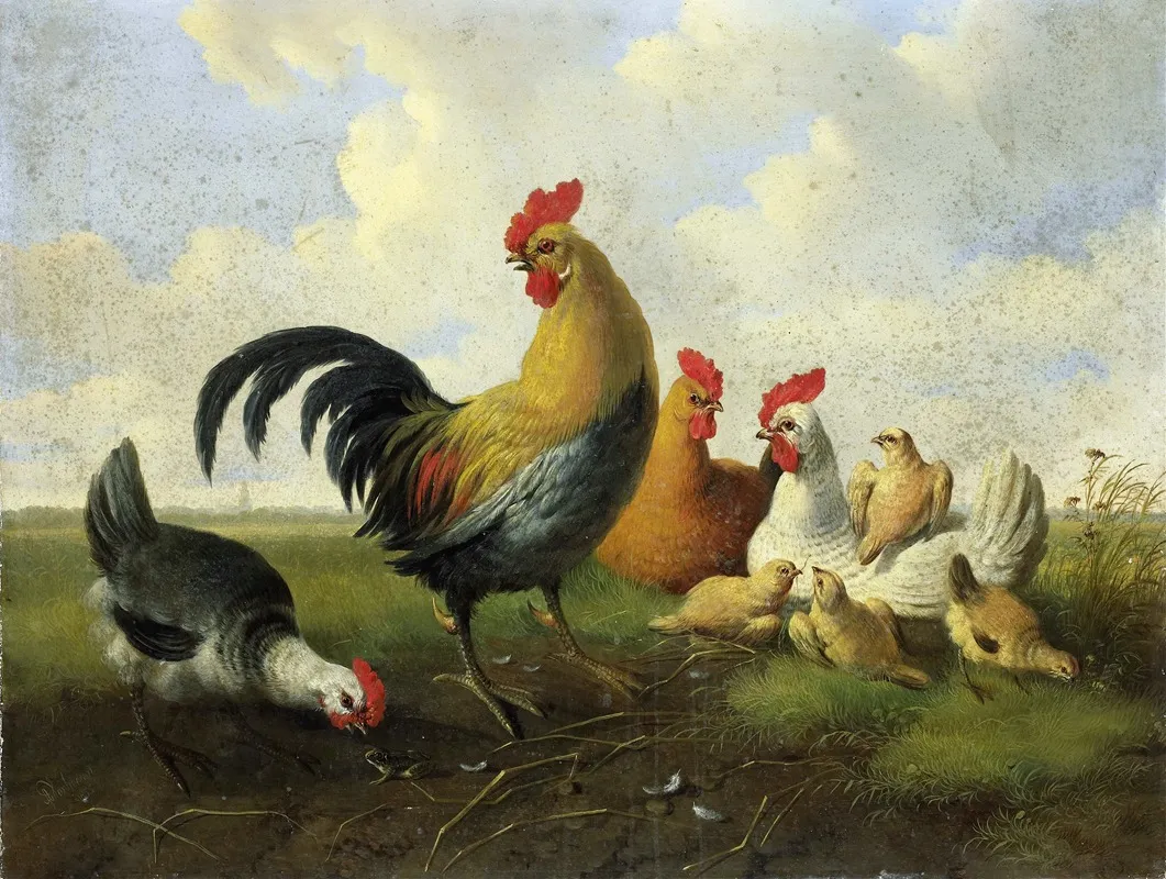 A Rooster With Hens And Chicks Wall Art by Albertus Verhoesen - High-Resolution Digital Print