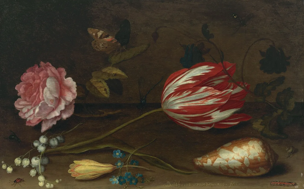 A Rose A Tulip Insects And A Shell On A Ledge Wall Art by Balthasar van der Ast - High-Resolution Digital Print