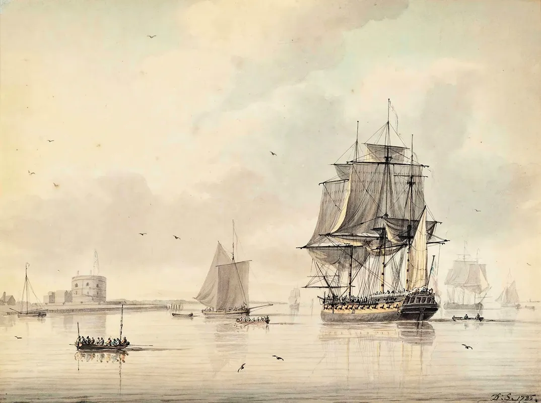 A Royal Navy Frigate Drying Her Sails Off Calshot Castle Southampton