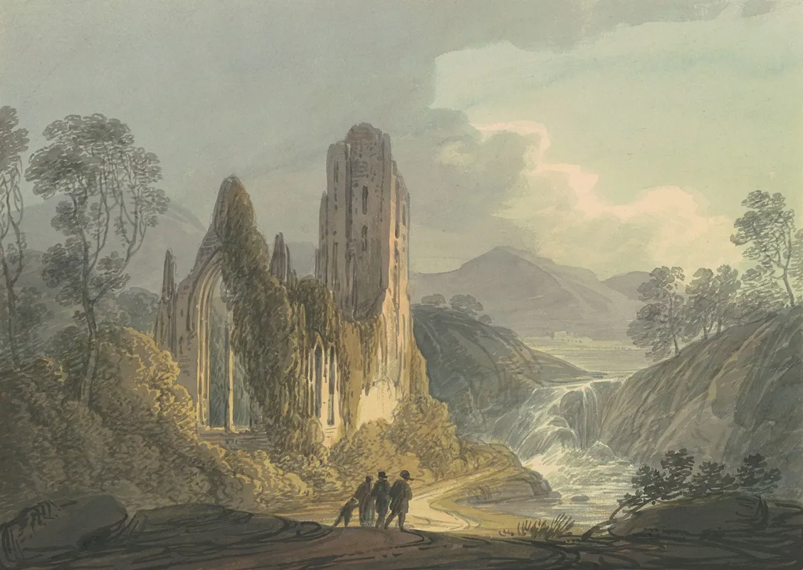A Ruined Abbey By A Waterfall