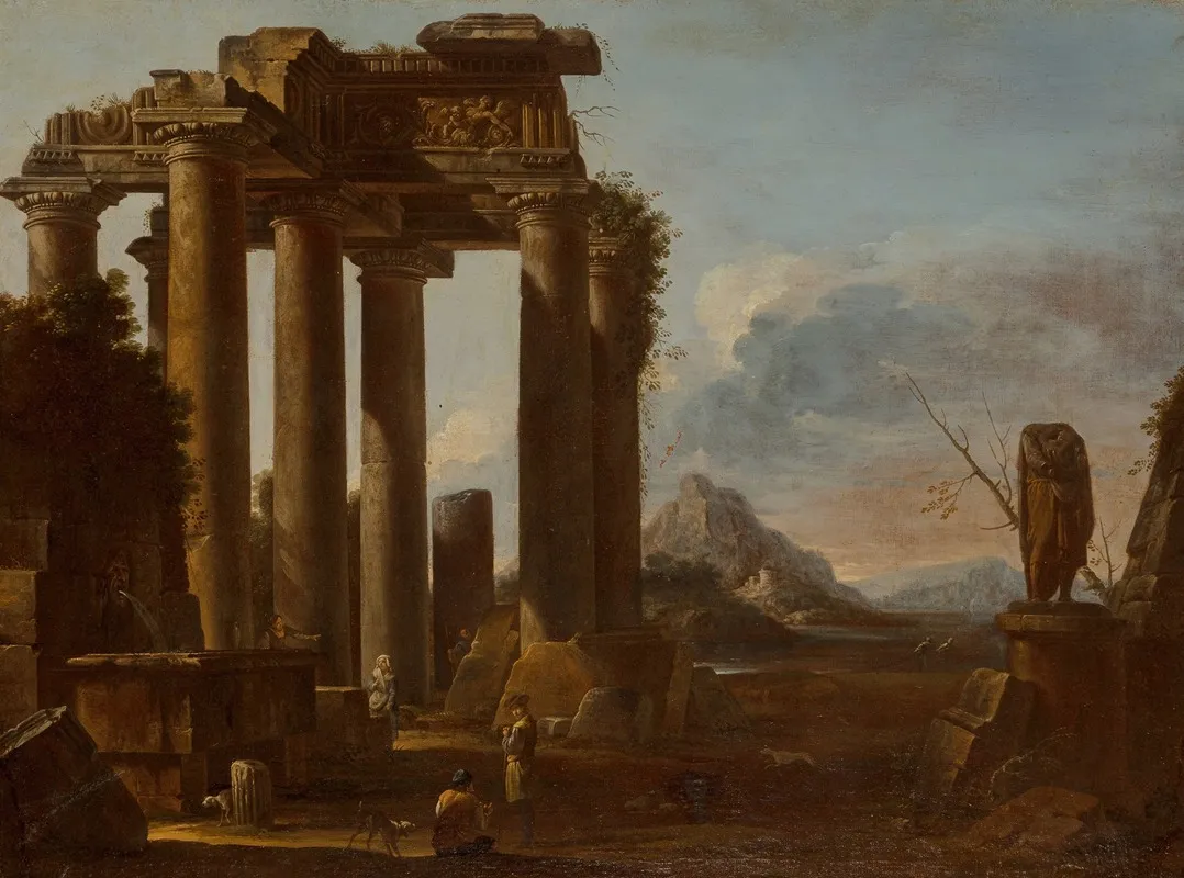 A Ruined Classical Temple Of The Tuscan Order With Figures Wall Art by Giovanni Ghisolfi - High-Resolution Digital Print