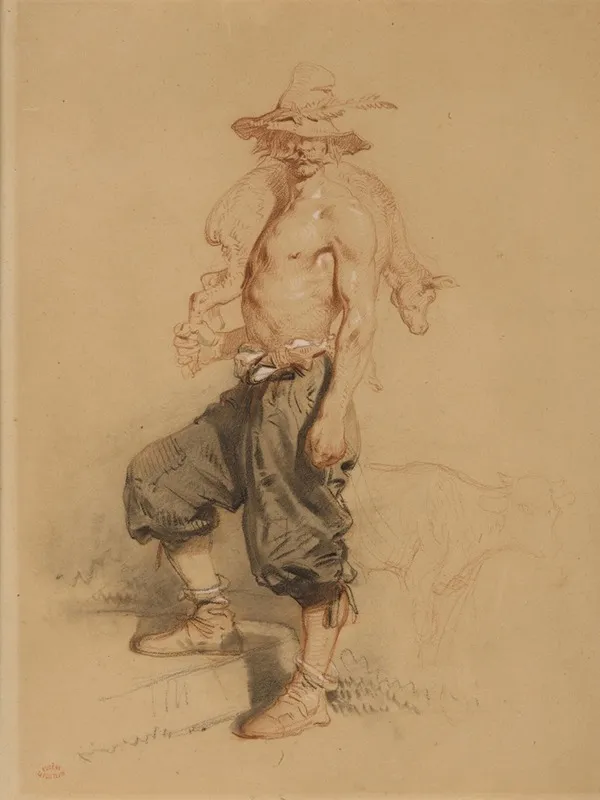 A Rural Laborer With A Calf Slung Over His Shoulder Wall Art by Eugene Le Poittevin - High-Resolution Digital Print