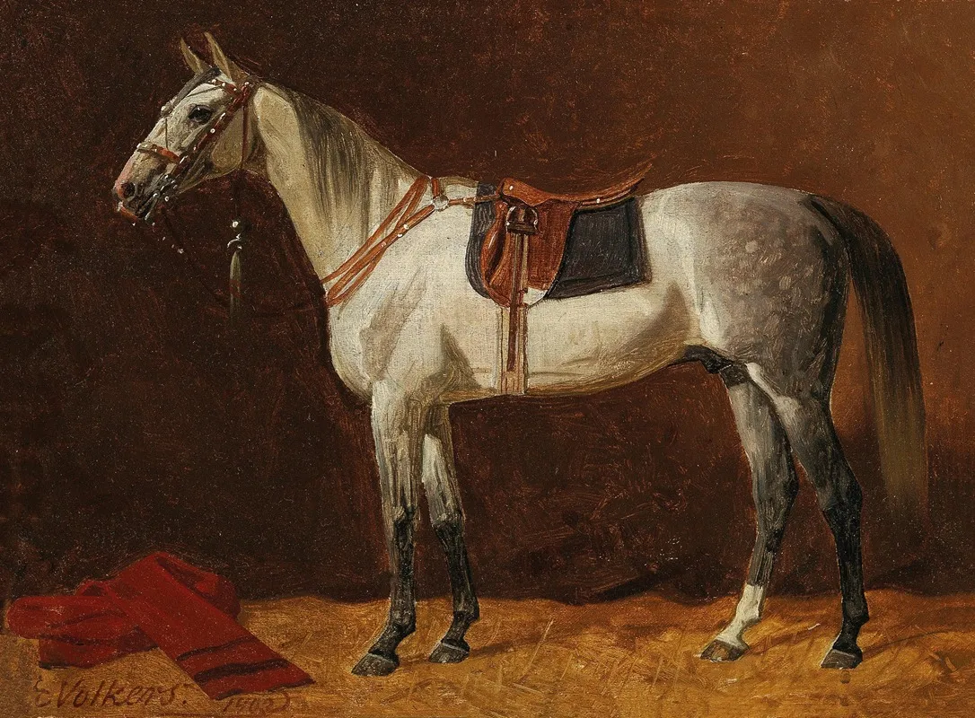 A Saddled White Horse In A Stable