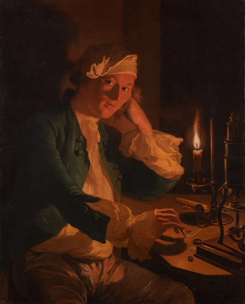 A Scientist Seated At A Desk By Candlelight Wall Art by Anna Dorothea Therbusch - High-Resolution Digital Print