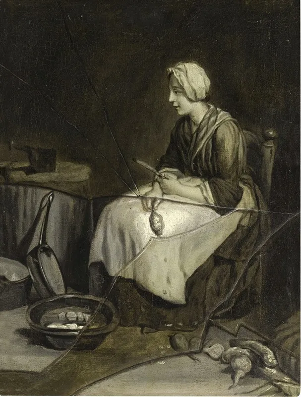 A Scullery Maid Peeling Potatoes With Trompe Loeil Broken Glass Wall Art by François-Xavier Vispré - High-Resolution Digital Print