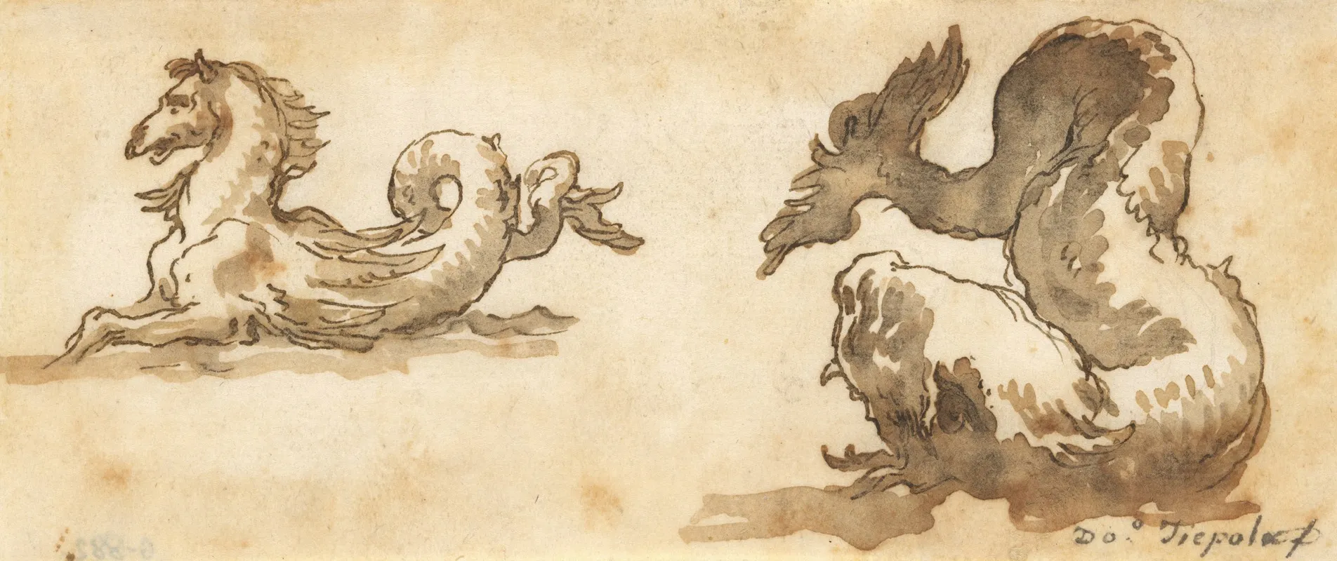 A Sea Horse And A Dolphin Wall Art by Giovanni Domenico Tiepolo - High-Resolution Digital Print