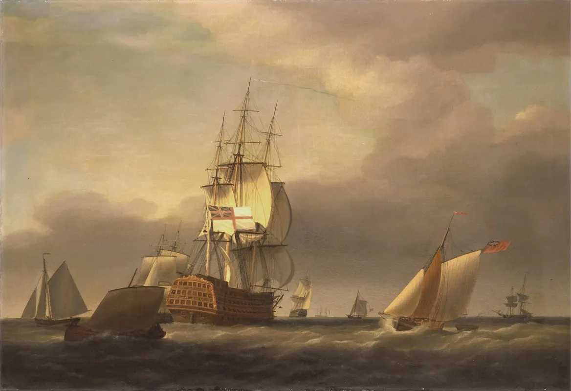 A Seascape With Men Of War And Small Craft Wall Art by Francis Holman - High-Resolution Digital Print