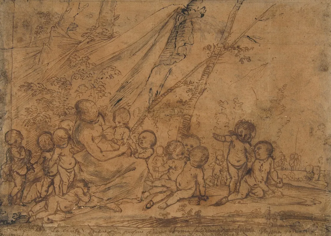 A Seated Female Figure Surrounded By Nude Infants
