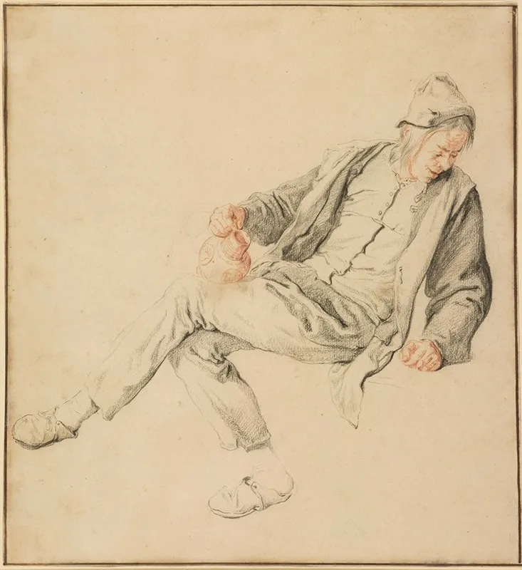 A Seated Peasant Looking Down To The Right Holding A Pitcher